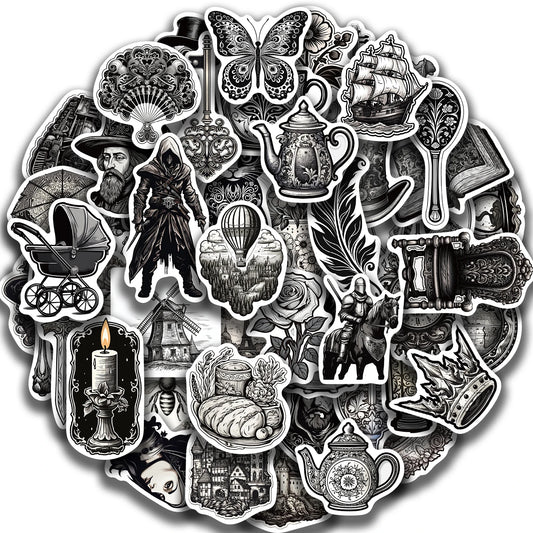50PCS Medieval Black & White Stickers for Guitar & Laptop