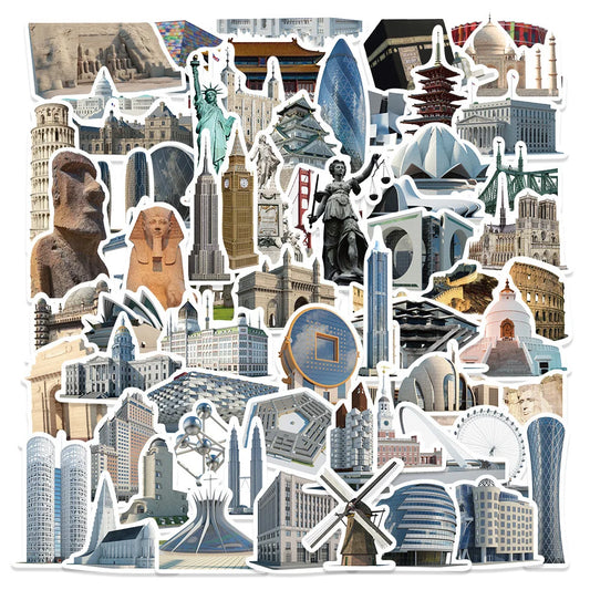 World Landmark Cartoon Stickers - 10/30/65pcs for Laptop, Guitar, Luggage, Car Decoration