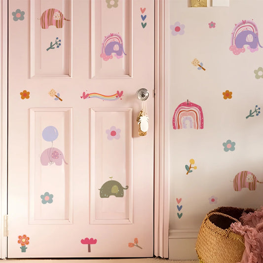 Bohemian Elephant Rainbow Flower Wall Stickers for Living Room, Bedroom, Nursery, Kids Room Decor