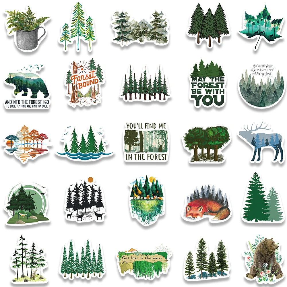 50pcs Outdoor Forest Trees Stickers Vinyl Waterproof For Laptop Guitar Luggage Bike Notebook Scrapbook Stickers Decals