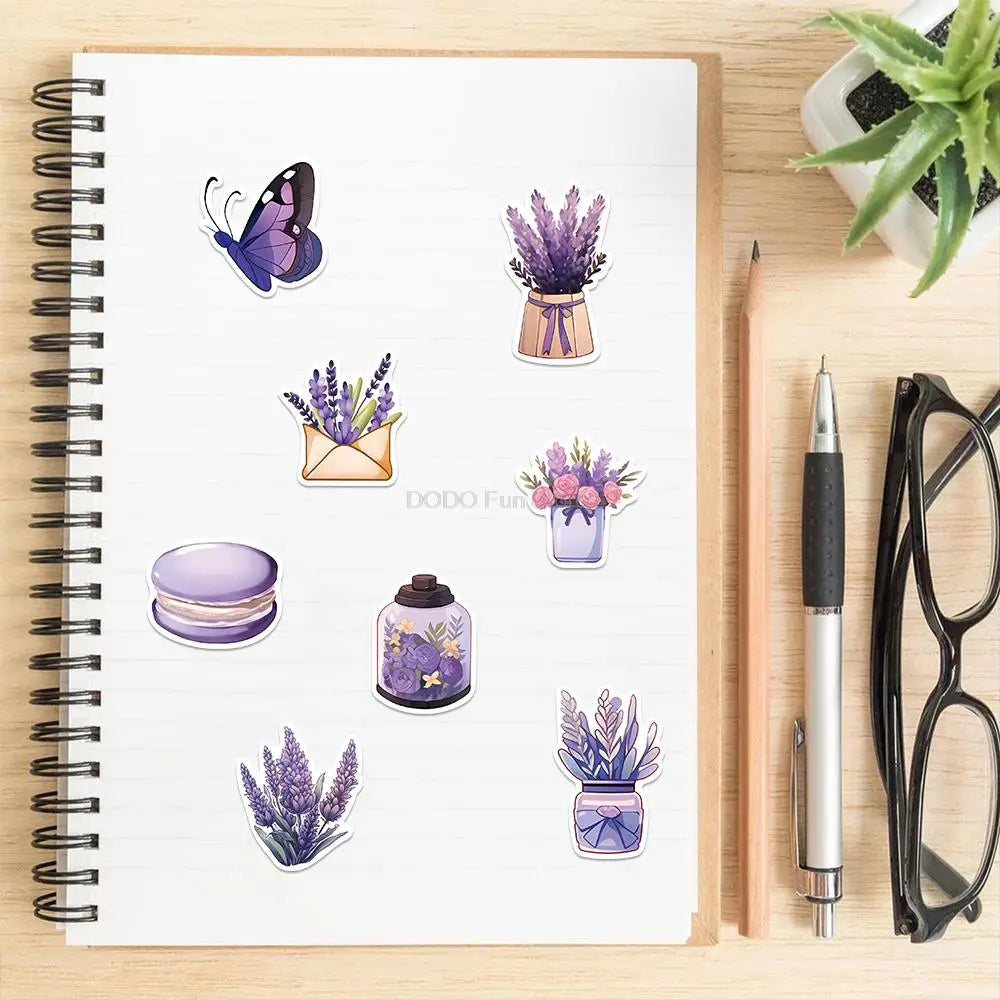 10/25/50PCS Cartoon Purple Lavender Flower Stickers Kawaii  Aesthetic Decals Laptop Scrapbook Phone Decoration Kids Girls Toys