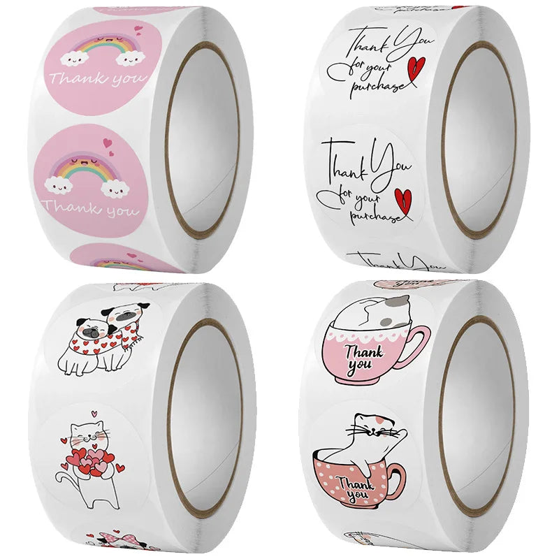 50-500Pcs Round Cute Cartoon Thank You Label Stickers Used for Shipping and Mailing Box Seal Labels Decorative Gifts Stickers