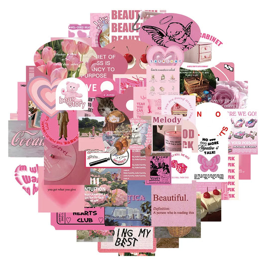 Cartoon Pink Stickers Pack: Aesthetic DIY Phone Skateboard Luggage Wall Decals