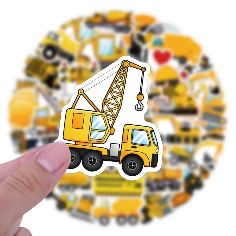 10/55Pcs Cartoon Large Mechanical Vehicle Excavator Construction Truck Waterproof Creative Tractor Bulldozer Graffiti Toy Decals