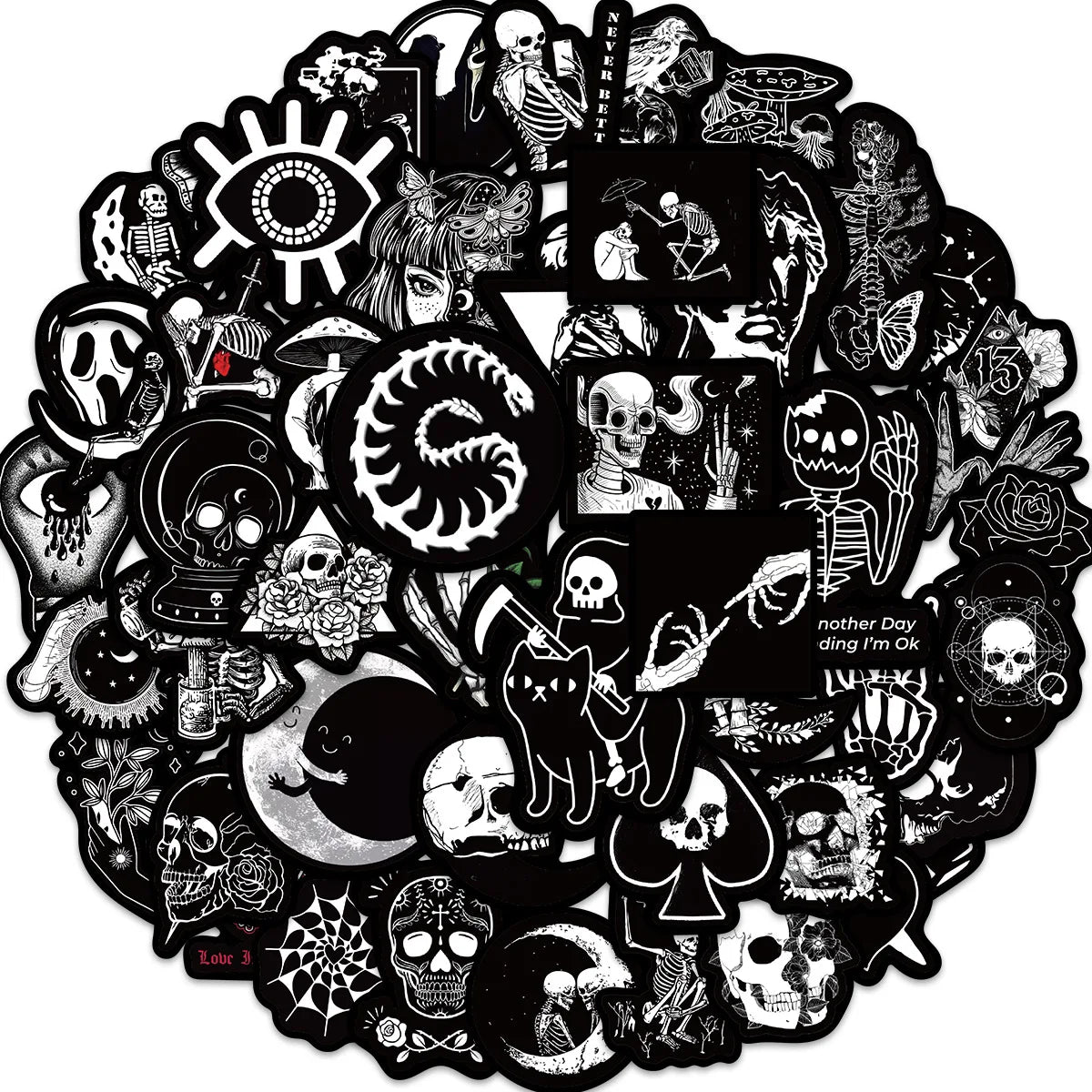 50PCS Gothic Skull Stickers, Waterproof Vinyl for Water Bottles & Phones