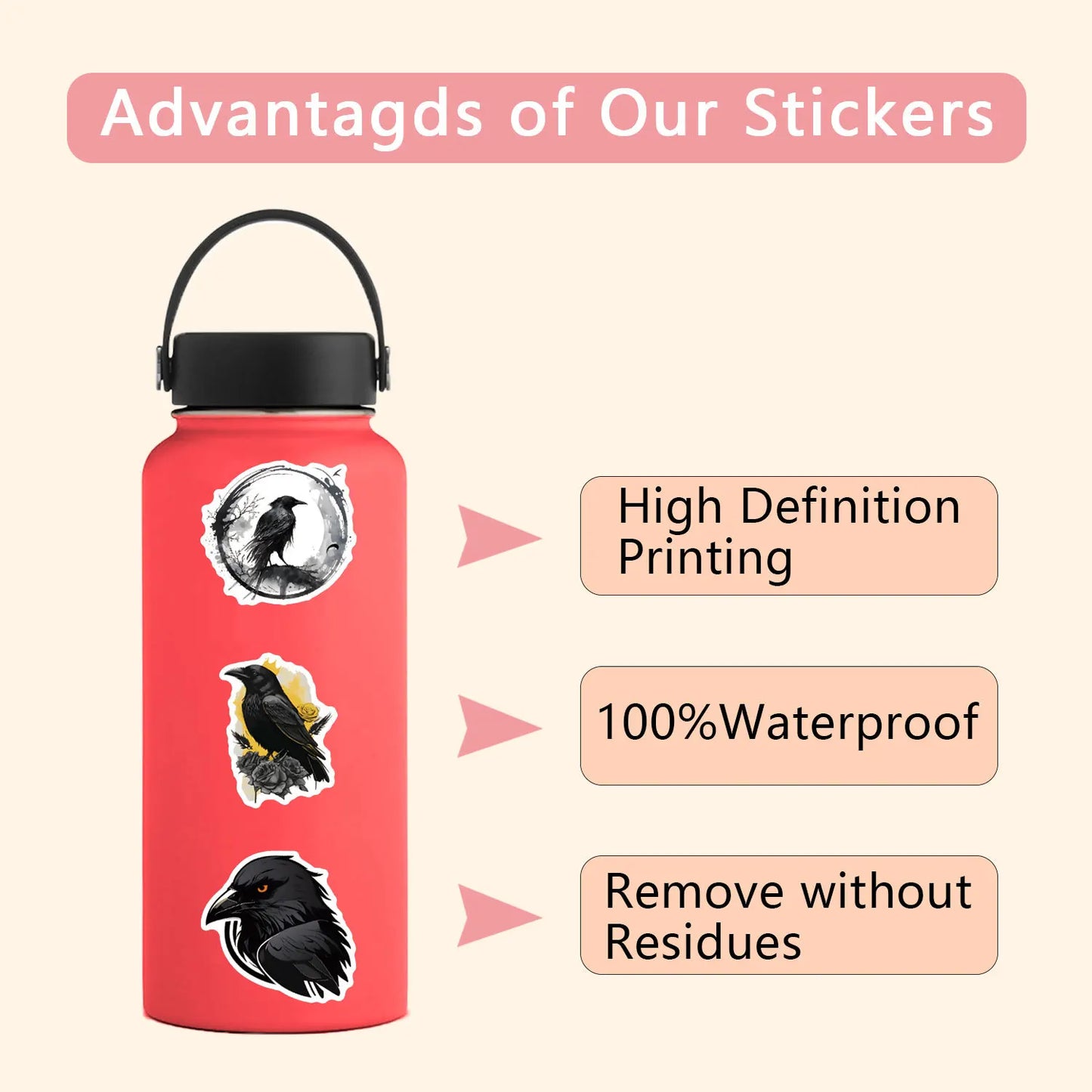 10/30/55PCS Black Crow Cartoon Stickers Cool Animal Graffiti Sticker Kids Toy Decal DIY Luggage Laptop Phone Car Bike Skateboard