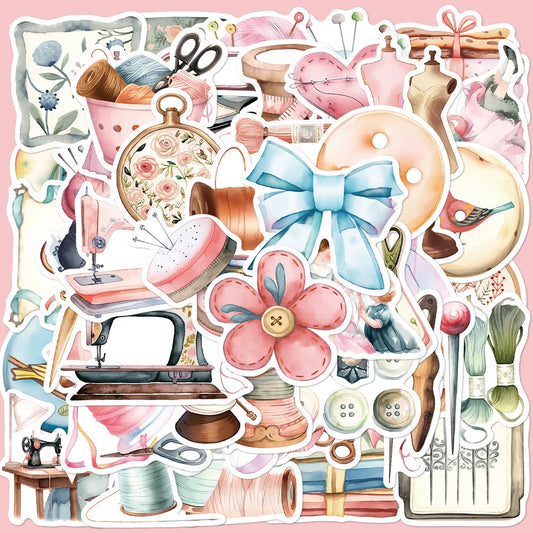 50Pcs Cartoon Pink Sewing Machine Stickers for Helmet, Wall, DIY Decoration