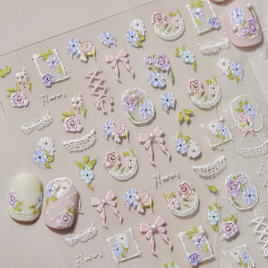 Rose Bouquet Lace Pearl Nail Art Stickers Decals
