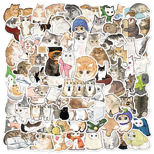 10/77pcs Cute Cartoon Watercolor Cat Stickers Funny Animals Kid Sticker Toy DIY Phone Fridge Notebook Stationery Graffiti Decals