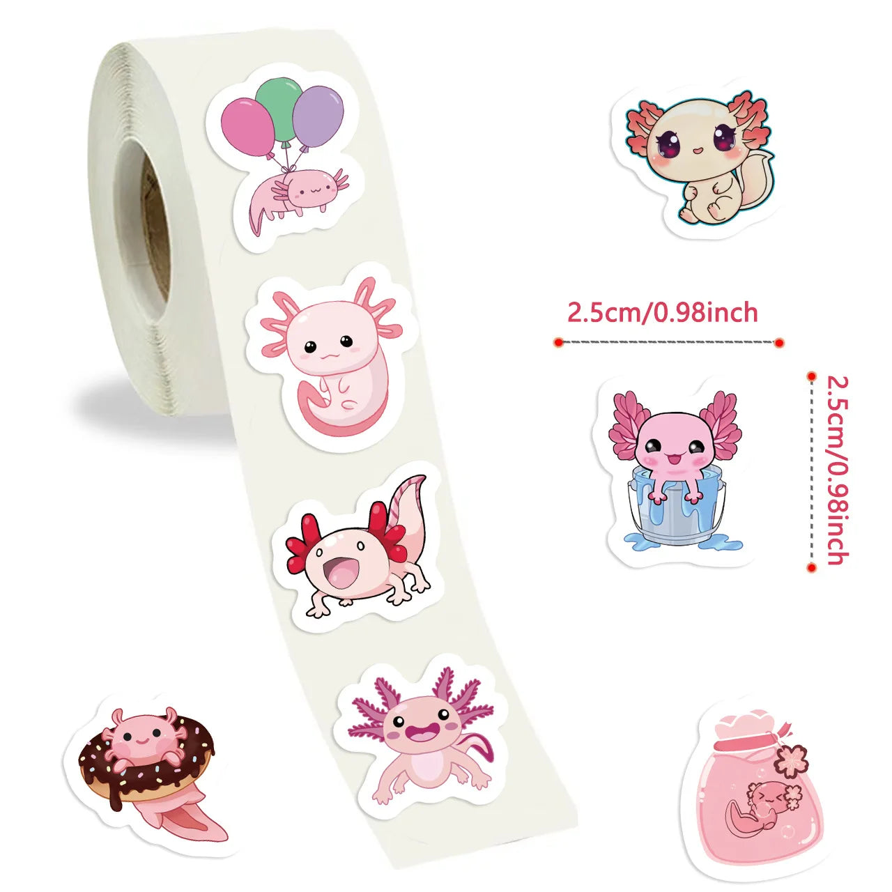 500pcs/roll Cute Axolotl Cartoon Graffiti Stickers DIY Phone Guitar Laptop Notebook Suitcase Waterproof Sticker Kids Toy