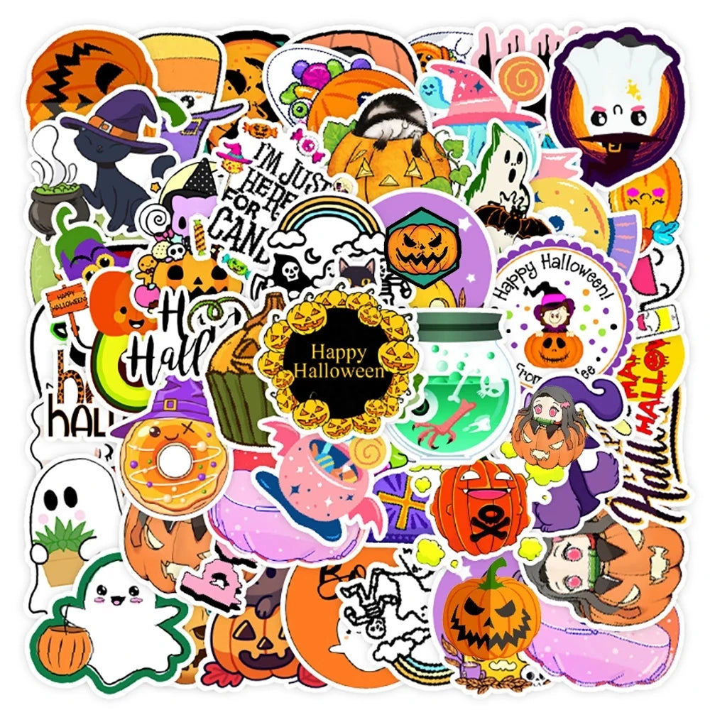 10/30/50PCS Cartoon Halloween Ghost Stickers Decoration Funny Cute Pumpkin Decals Toy For Kids DIY Luggage Laptop Phone Car Bike