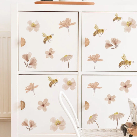 Boho Bee Flower Watercolor Wall Sticker Nursery Vinyl Decal Peel and Stick Kids Room Decor