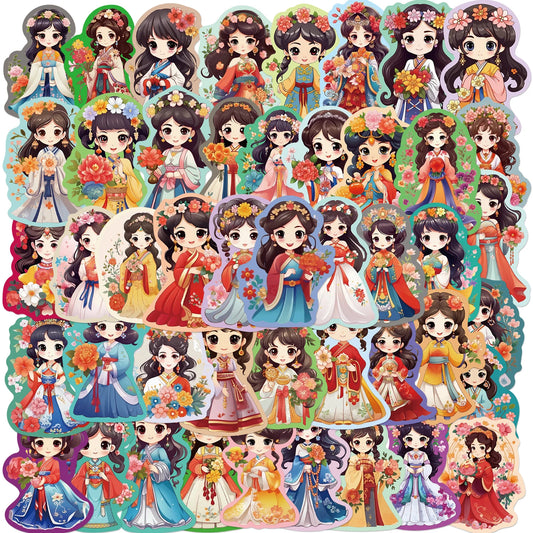 50Pcs Q Version Chinese Ancient Costume Flower Princess Girl Sticker for Kids Toy Decoration Guitar Luggage DIY Waterproof Decal