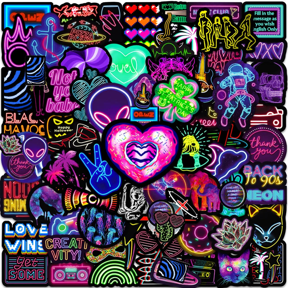 Cool Neon Light Cartoon Stickers - 10/30/50/100pcs Aesthetic Decals for Laptop, Motorcycle, Notebook, Car