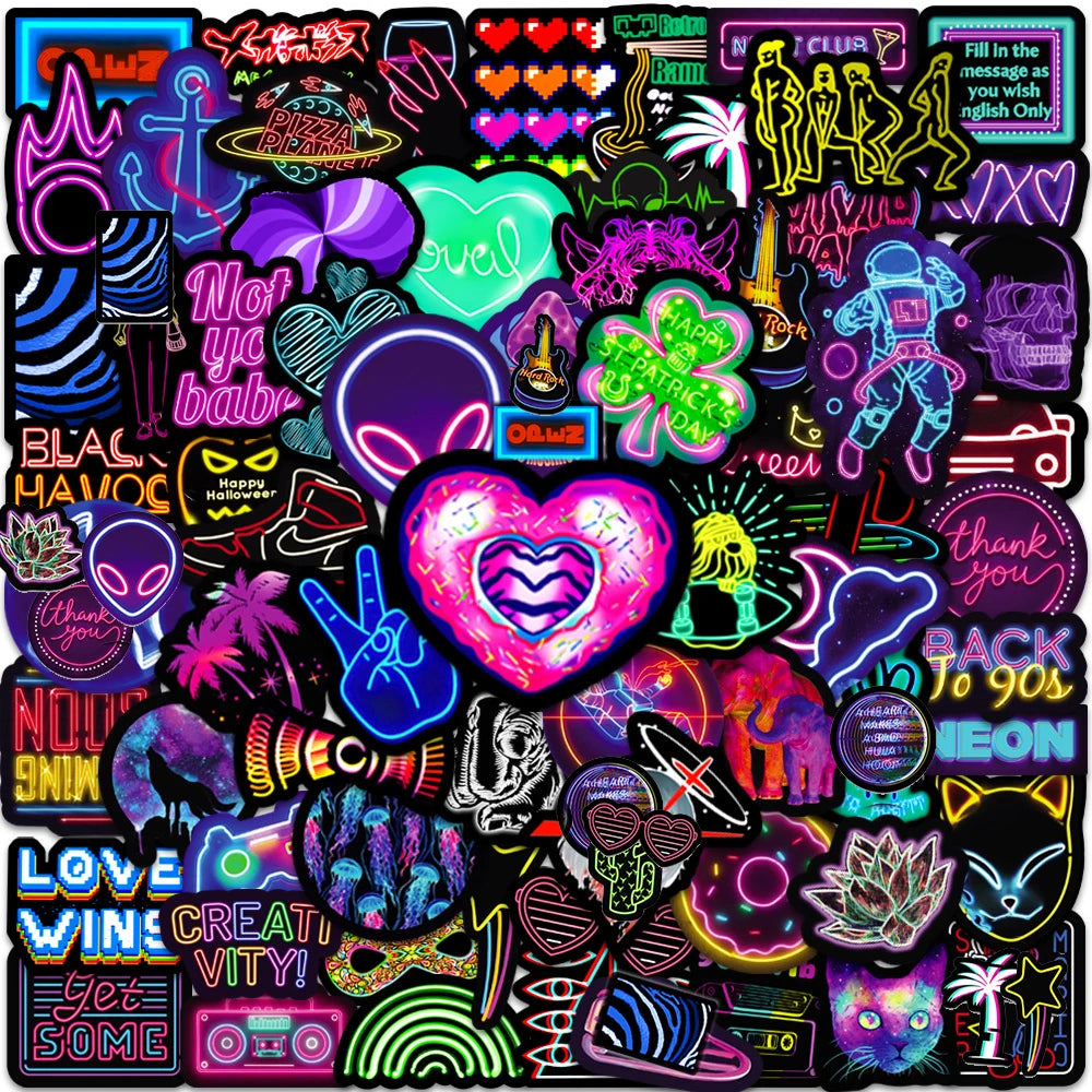 Cool Neon Light Cartoon Stickers - 10/30/50/100pcs Aesthetic Decals for Laptop, Motorcycle, Notebook, Car