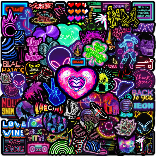 Cool Neon Light Cartoon Stickers - 10/30/50/100pcs Aesthetic Decals for Laptop, Motorcycle, Notebook, Car