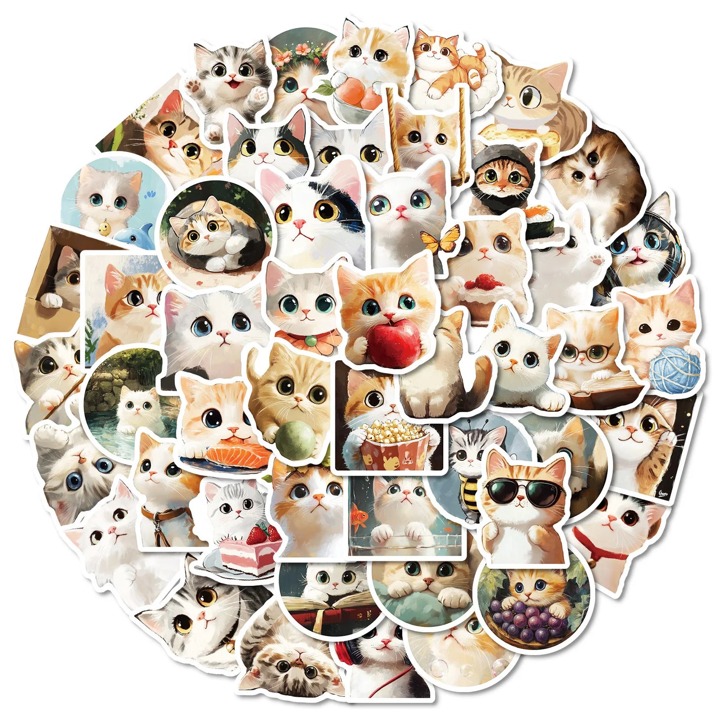 10/30/50PCS Kawaii Cat Stickers Chubby Cat Cartoon Sticker Cute Animal Decals Scrapbook Luggage Laptop Guitar Car Bike Kids Toys