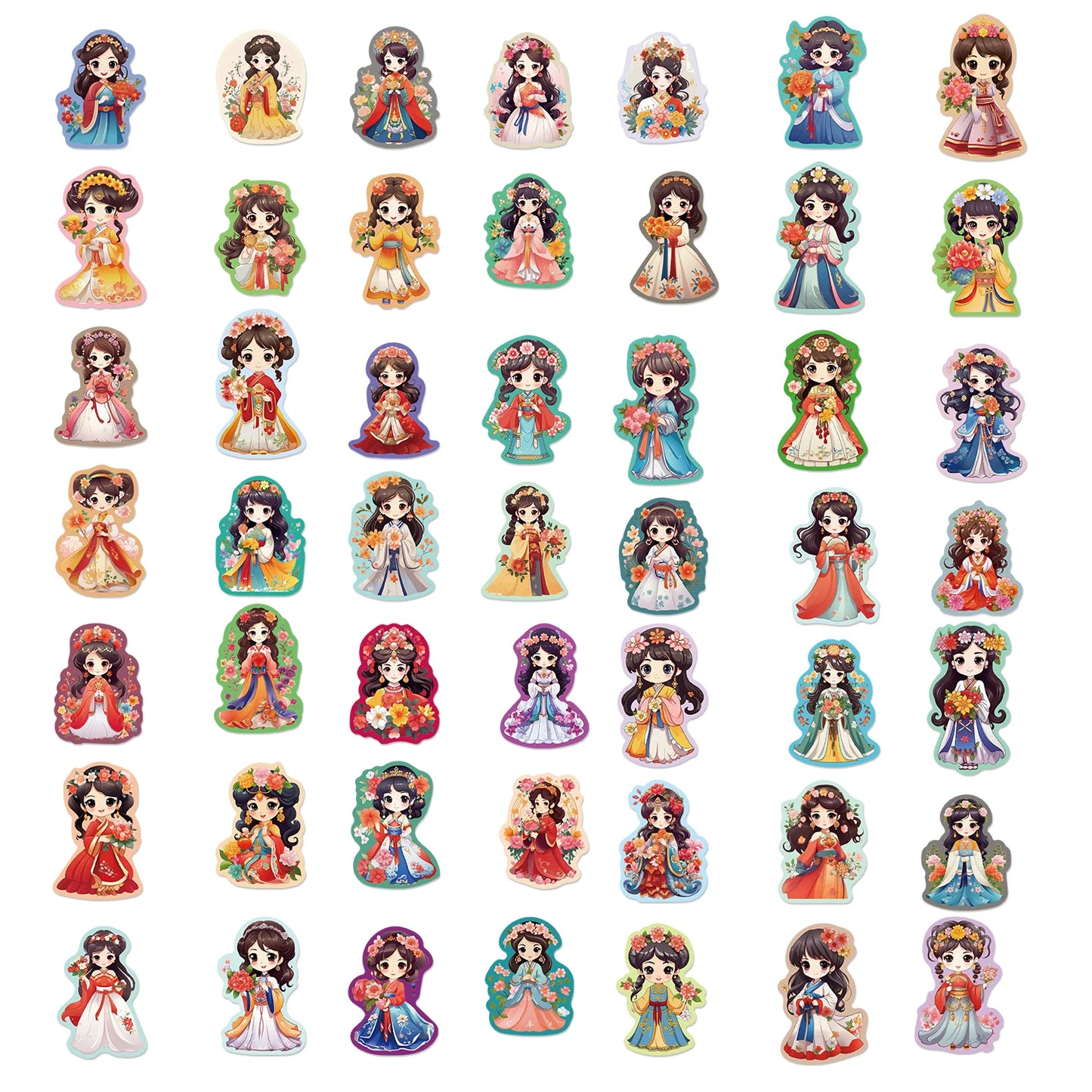 50Pcs Q Version Chinese Ancient Costume Flower Princess Girl Sticker for Kids Toy Decoration Guitar Luggage DIY Waterproof Decal