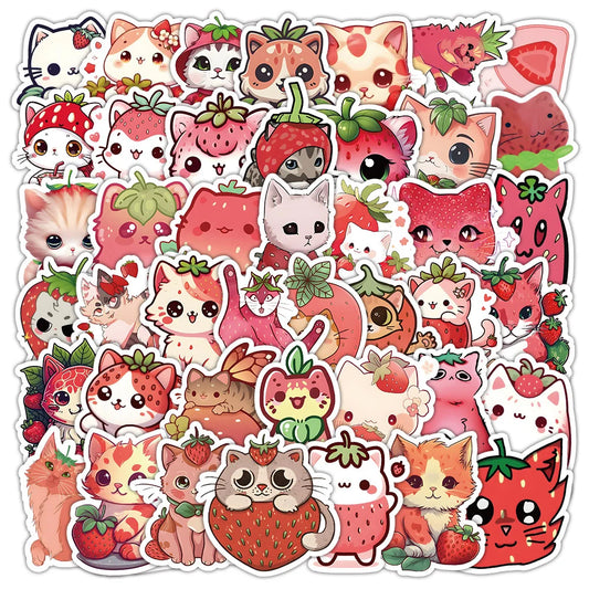 Strawberry Cat Stickers Kawaii Waterproof Decals for Phone, Bike, Car, Notebook