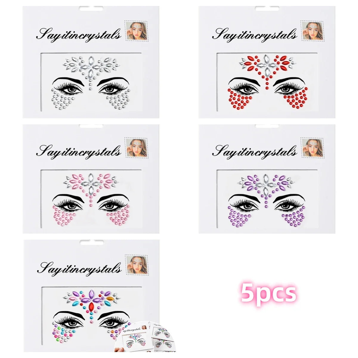 Glitter Face & Body Jewel Stickers - 5pcs Crystal Rhinestones