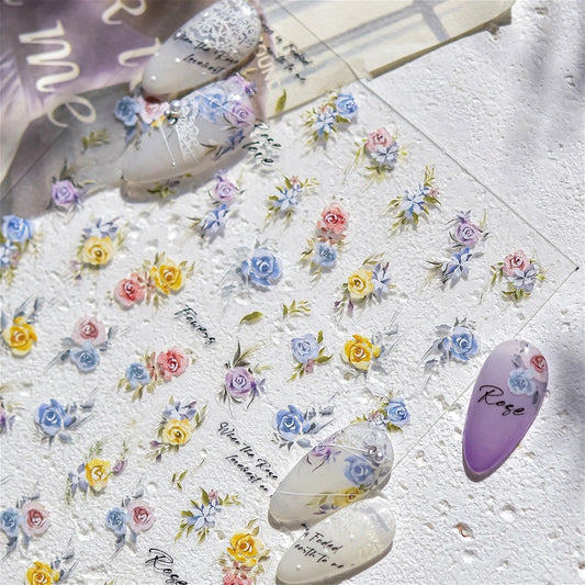 3D Rose Flower Nail Art Stickers - Watercolor Style Decals
