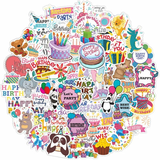 50pcs Cartoon Birthday Cake Stickers for Laptop, Phone, Water Bottle, Suitcase, Stationery, Fridge