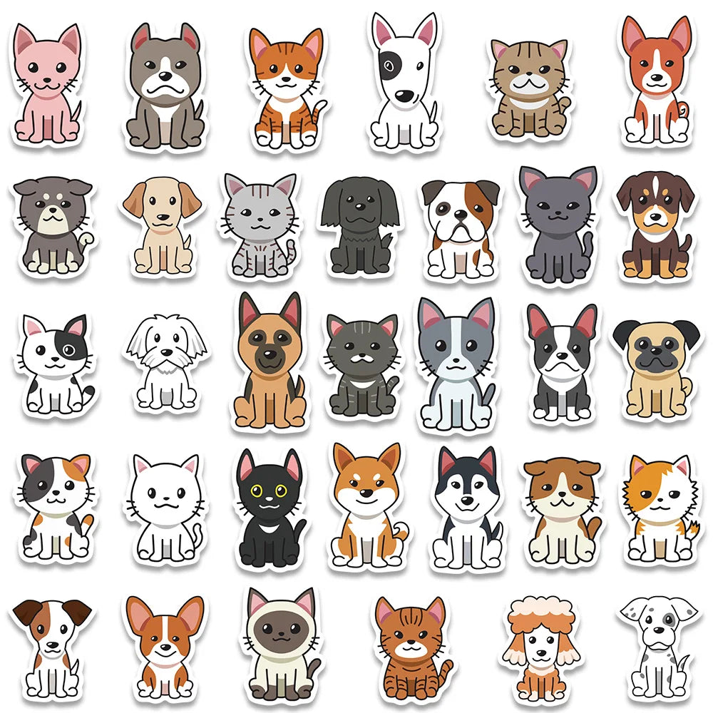 33pcs Kawaii Cartoon Cats and Dogs Animals Vinyl Stickers Waterproof Graffiti Guitar Skateboard Phone Laptop Decals