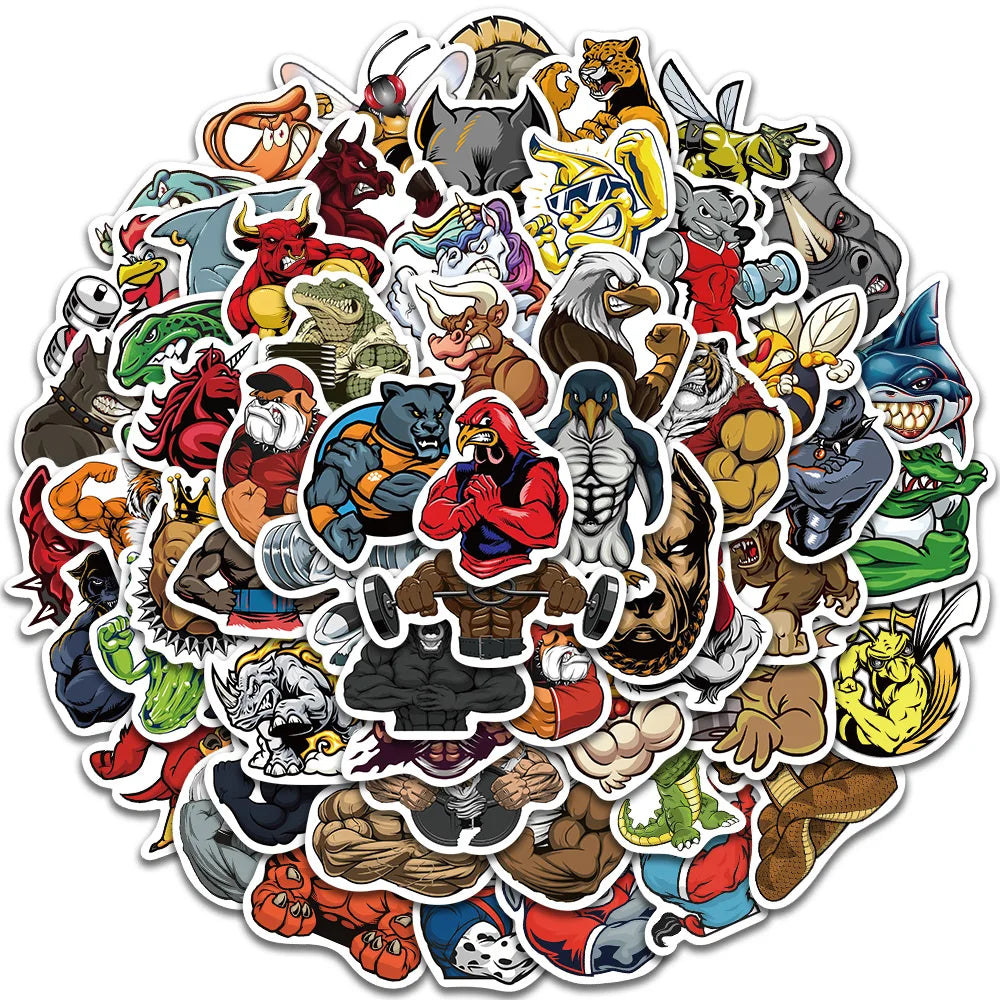 60pcs Cool Cartoon Muscle Animals Stickers For Laptop Luggage Phone Skateboard Waterproof Graffiti Bicycle Helmet Car Decals