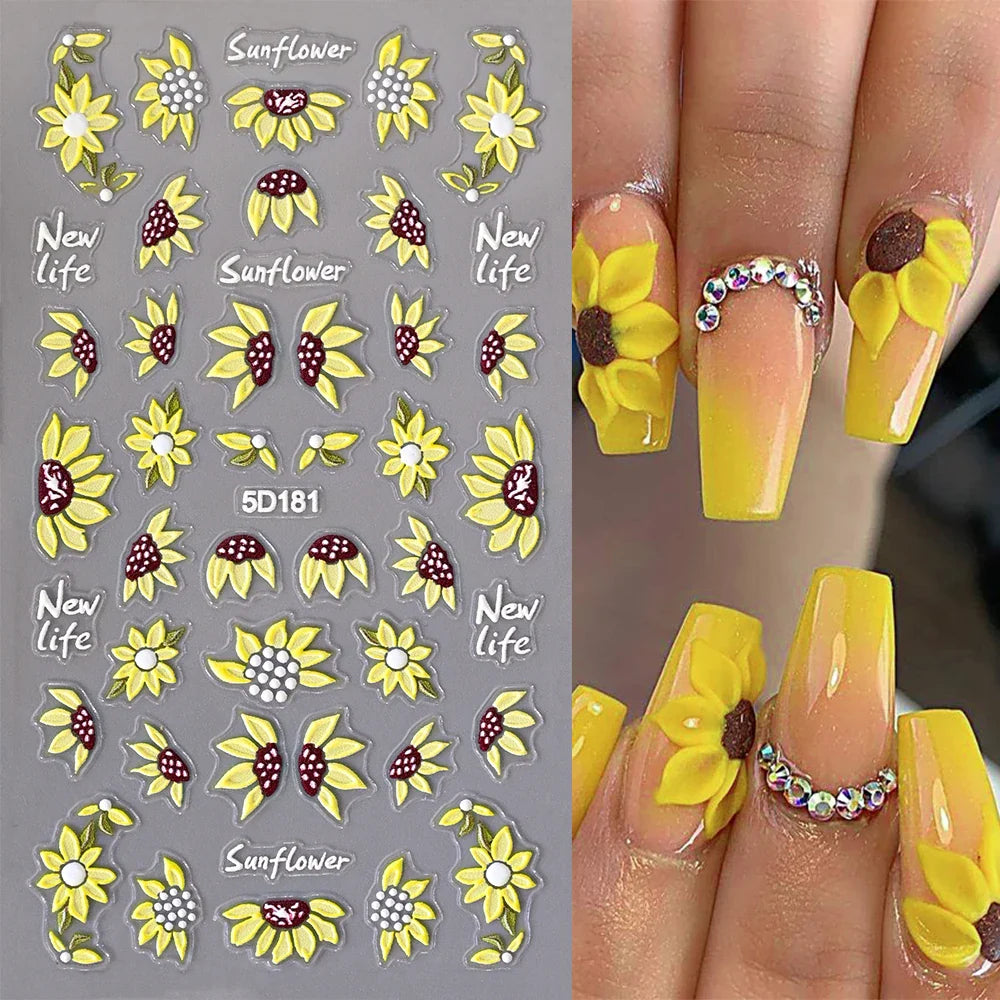 Sunflower 5D Nail Stickers: Waterproof, Self-Adhesive Decals