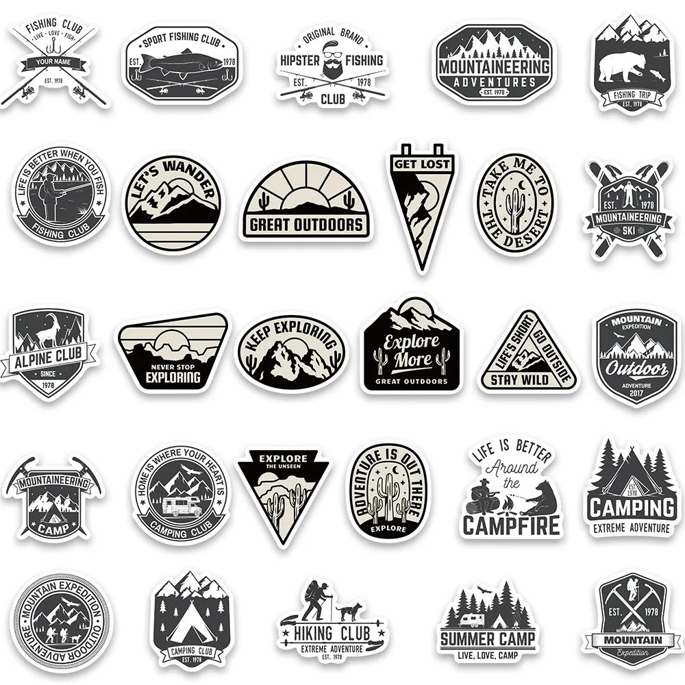 50Pcs Black and White Outdoor Sports Stickers Classic Car Motorcycle Skateboard Phone Laptop Adventure Stickers Wholesale