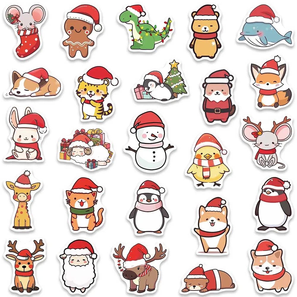 50pcs Cute Cartoon Merry Christmas Animals Stickers For Laptop Water Bottle Luggage Guitar Waterproof Graffiti Vinyl Decals