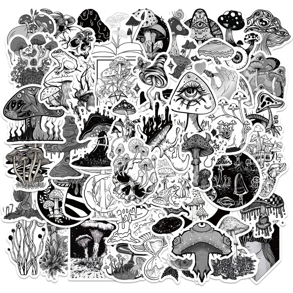 10/50pcs Funny Anime Psychedelic Mushroom Sticker Cute Black and White Magic Plant Stickers Phone Laptop Stickers Decals