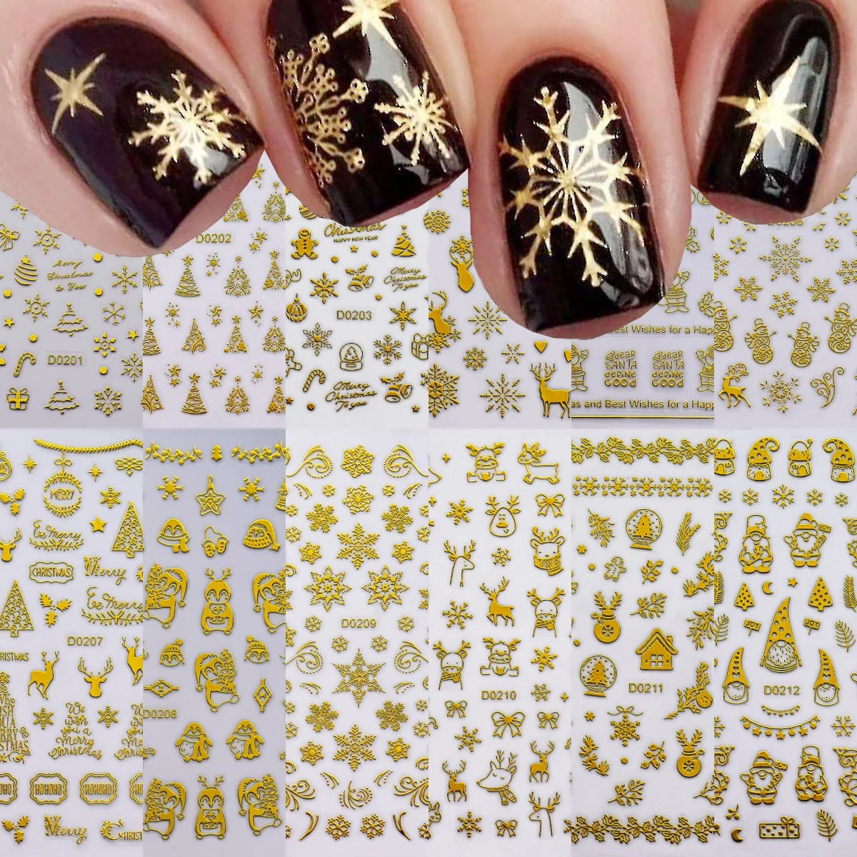 12pcs Christmas Nail Decals 3D Santa Snowman Stickers