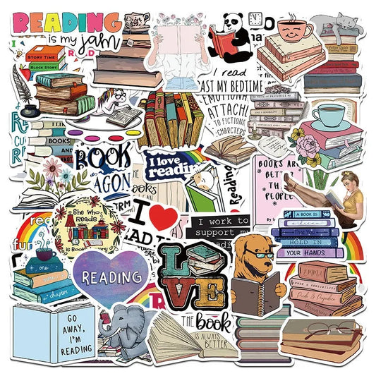 50pcs Cartoon Reading Stickers for Helmet, Wall, Desktop Decoration, DIY Pack Wholesale