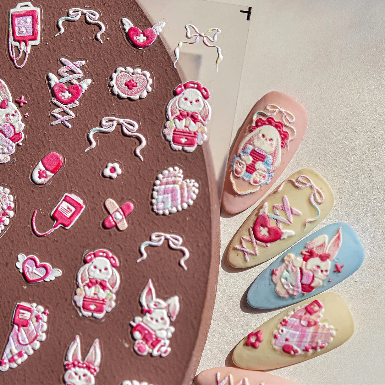 Rabbit Nurse Nail Art Stickers: Heart, Bow, Medicine Decals