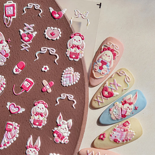 Rabbit Nurse Nail Art Stickers: Heart, Bow, Medicine Decals