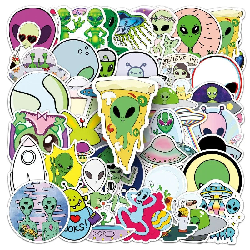 50pcs Alien Cartoon Stickers for Laptop, Phone, Car, Scooter, Water Bottle, Suitcase, Refrigerator