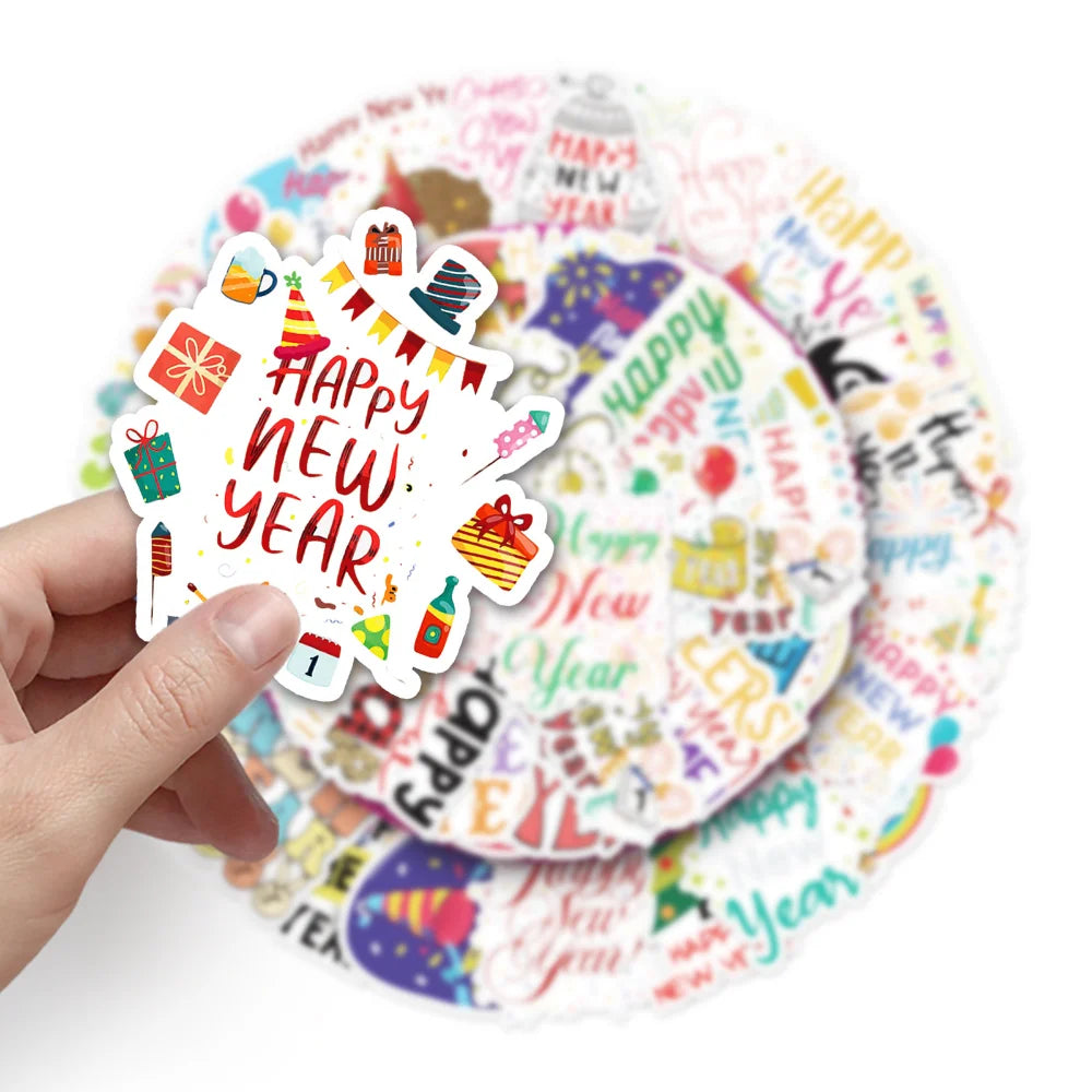 50PCS Cute Happy New Year Stickers DIY Scrapbook Diary Stationery Luggage Decorative Cartoon Sticker Kids Toys