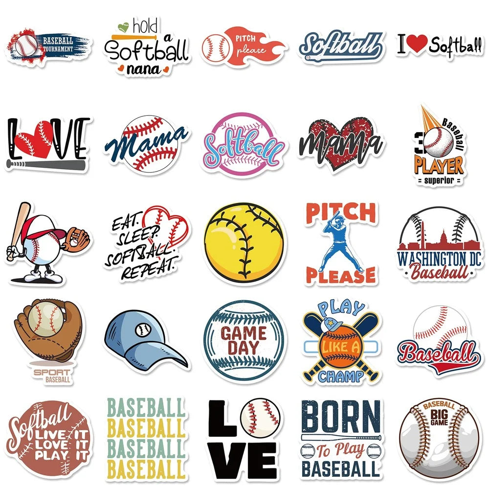 10/25/50pcs Mixed Baseball and Softball Sticker Packs