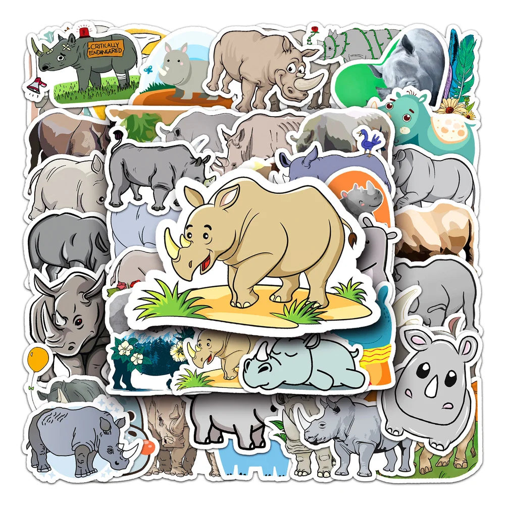 10/50pcs/Pack Lovely Rhino Cartoon Animal Stickers Waterproof Skateboard Motorcycle Guitar Luggage Laptop Bicycle Sticker Toys