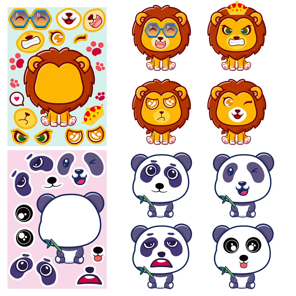 6/12Sheets Animal Make A Face Puzzle Stickers Kids Lion Owl Panda Make Your Own DIY Game Children Cartoon Jigsaw Education Toys