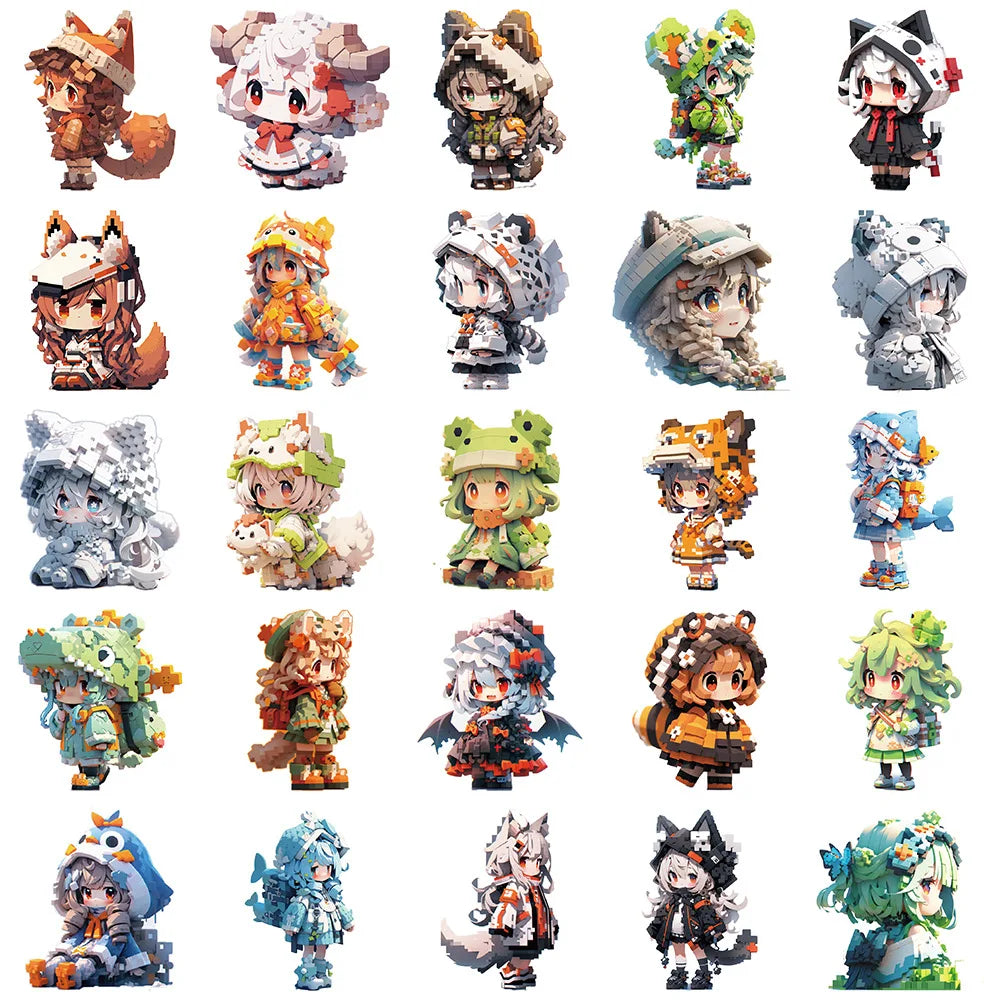 10/30/50PCS Pixel Animal Cartoon Girls Stickers Cute Graffiti Toys For Kids Motorcycle Luggage Suitcase Notebook Wall Decals Toy