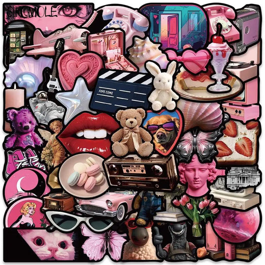 Y2K Cartoon Pink Black Graffiti Stickers Pack - Kawaii DIY Luggage Guitar Fridge Laptop Decals