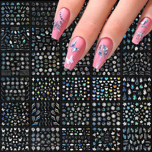 30Pcs Silver/White Nail Stickers: Flowers, Hearts, Stars, Moon