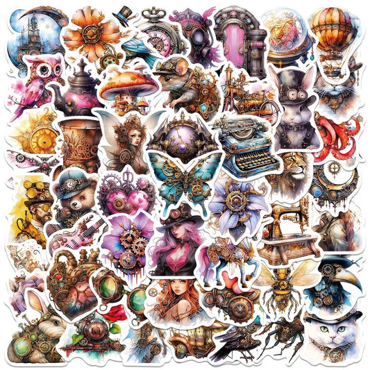 50pcs Waterproof Steampunk Watercolor Stickers for Laptop, Phone, Notebook, Bottle
