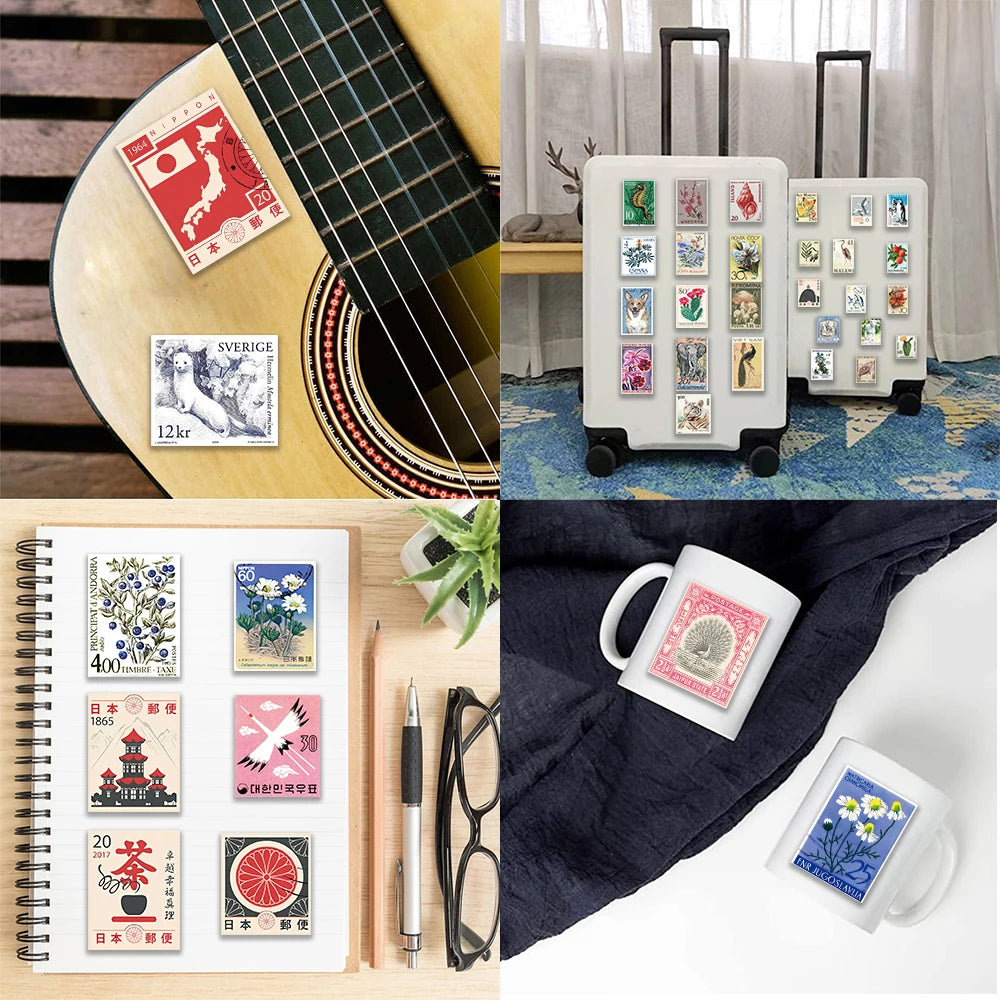 50pcs Retro Stamp Art Stickers Vintage Aesthetic Cartoon Decals For Laptop Luggage Skateboard Phone Sticker Kids Toys