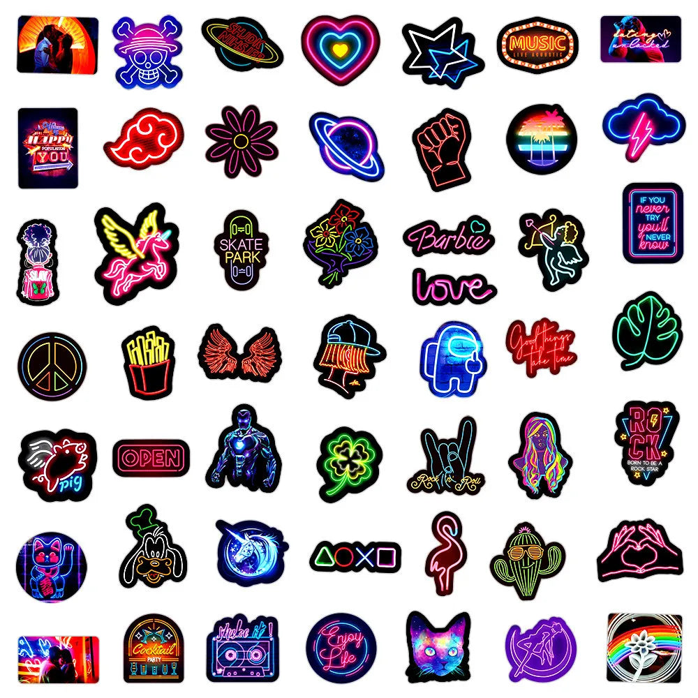 10/30/50PCS Neon Light Sticker Graffiti Sticker Scrapbook Notebook Car Guitar Wall Sticker Motorcycle Cute Cartoon Decoration