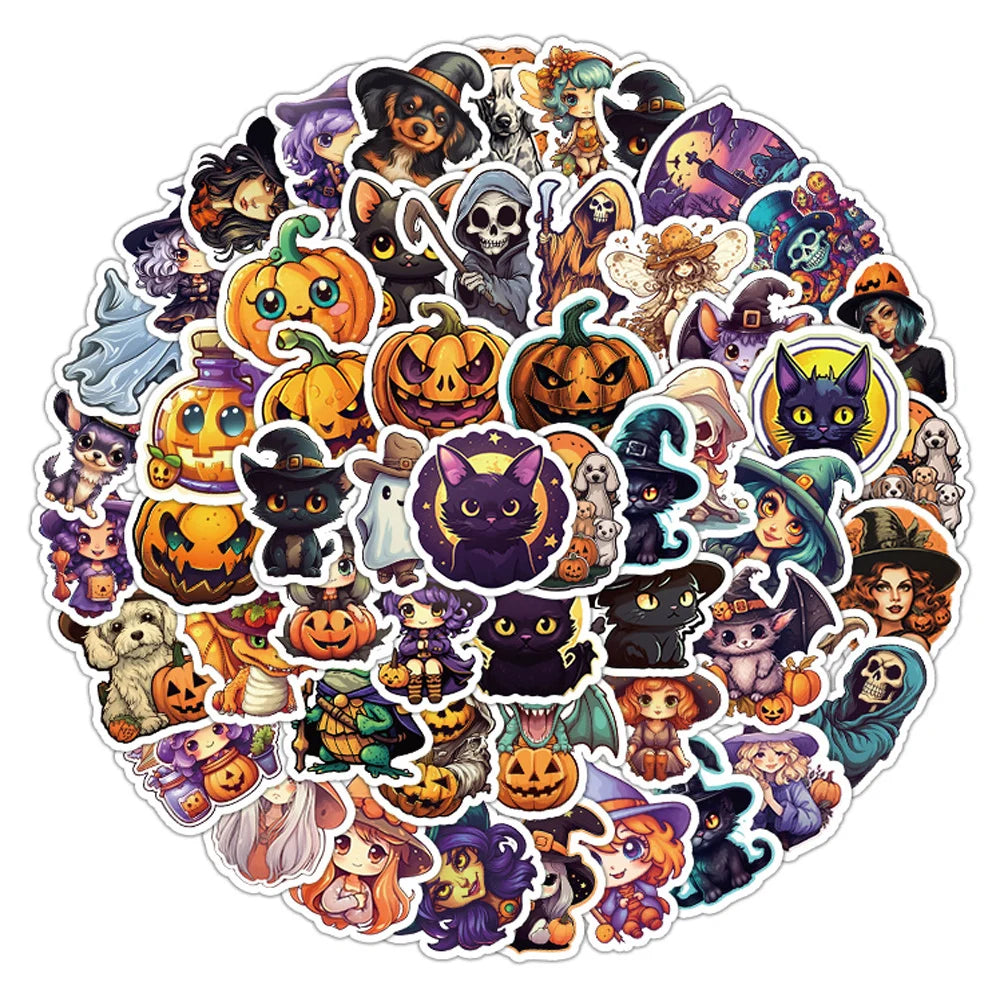 10/30/50/100/200pcs Cool Cartoon Halloween Witch, Pumpkin, Ghosts, and more Sticker Packs