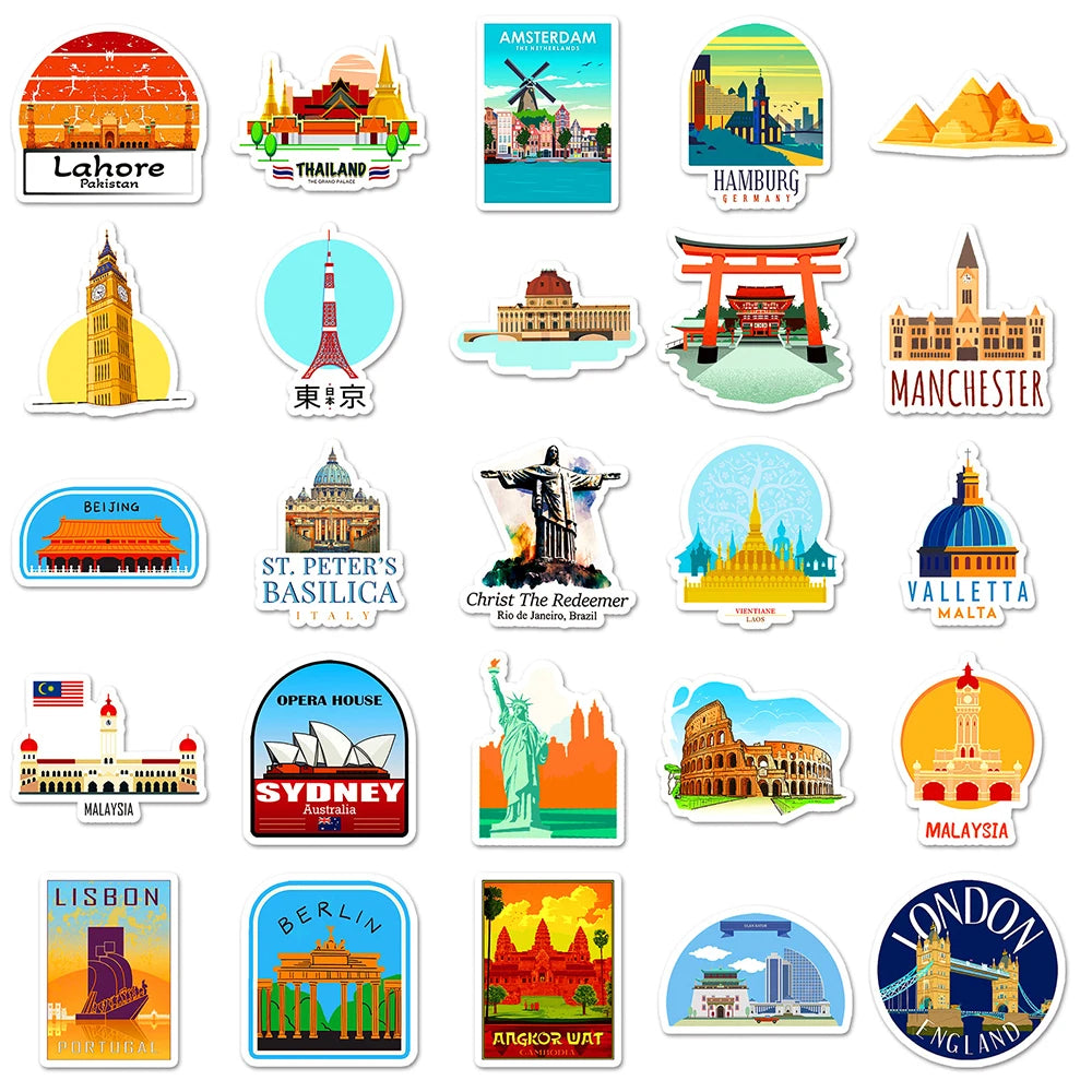 10/30/50pcs Travel City Landmark Building Cartoon Stickers Fridge Laptop Phone Notebook Skateboard Fridge Funny Graffiti Sticker