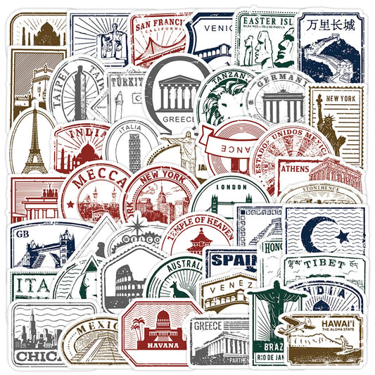 50 Retro Stamp Stickers: Travel, Scrapbook, Waterproof